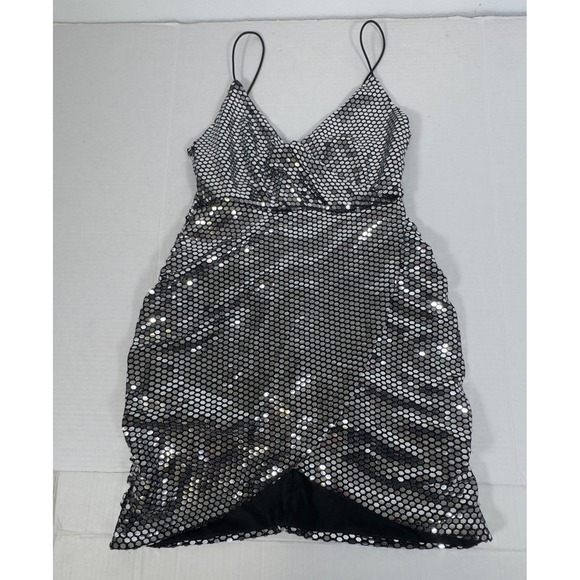 Ruched Mini Dress Silver Spaghetti Strap V-Neck XS Glam Festival Rave Y2K Disco - Picture 4 of 7